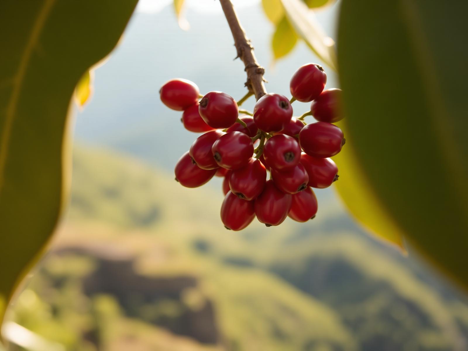 Coffee cherries on a branch in the Cajamarca highlands