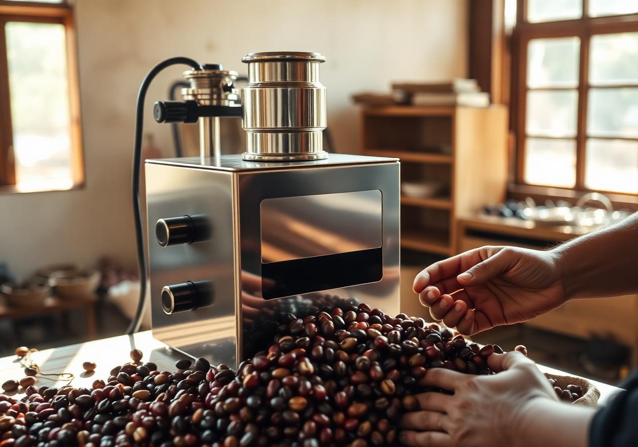 A small coffee processing micro-machine in a sunlit workshop at origin